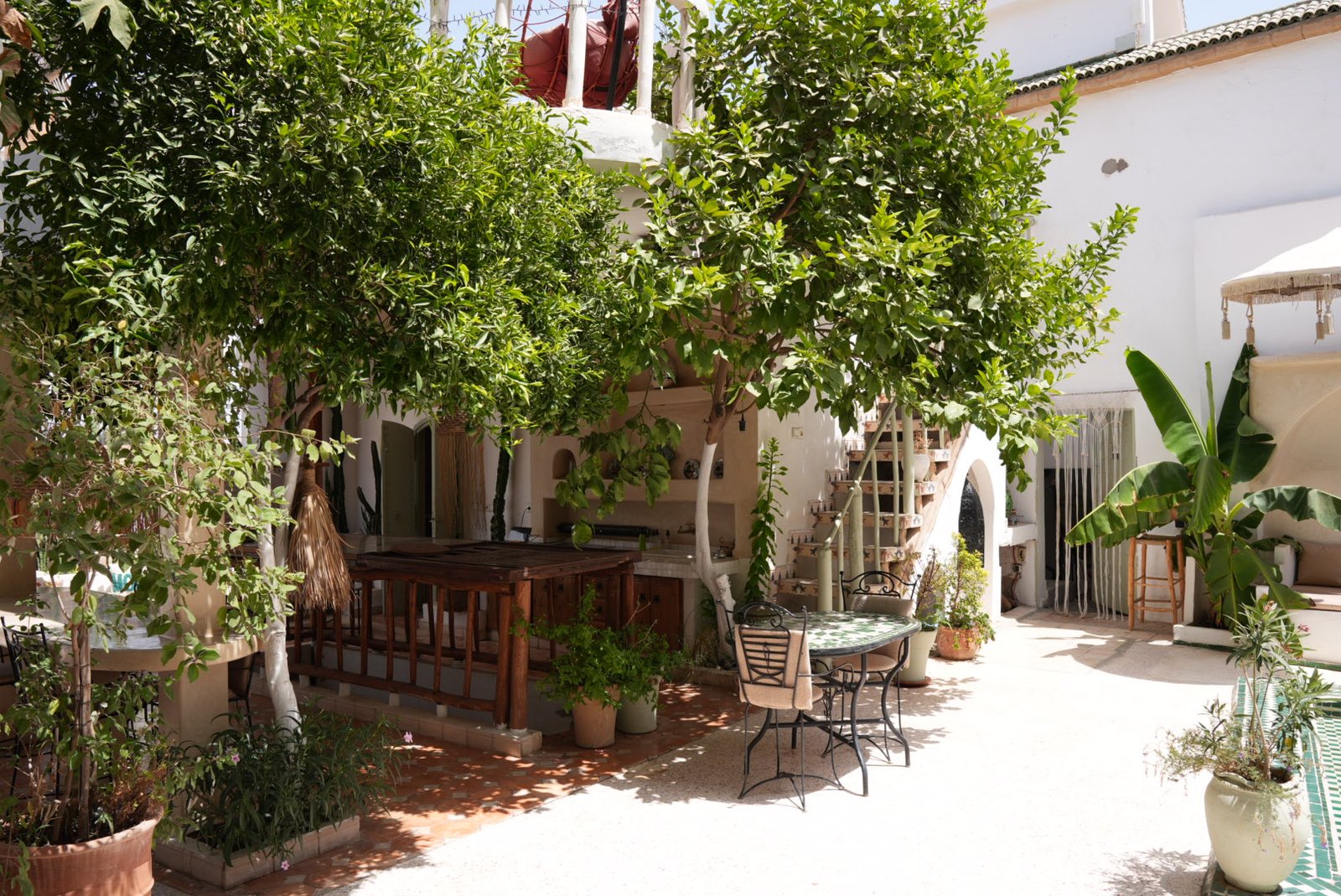 Shaded courtyard with palms and a large wooden table